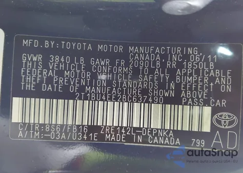 2011 Toyota Corolla Le from USA, damaged, VIN 2T1BU4EE2BC637490